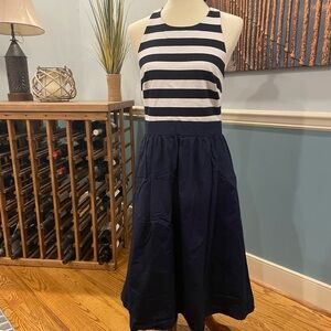 1901 Navy and White Dress with Striped Bodice